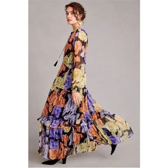 Anthropologie Marais Maxi Dress Purple and Orange Gown with Bishop Sleeves - Picture 2 of 6